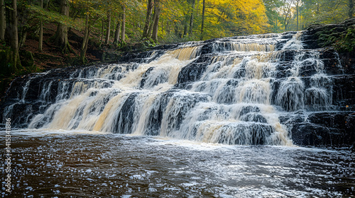 Waterfalls cascade down mossy rocks into a foamy river bordered by a tree-filled forest on a bright sunny day