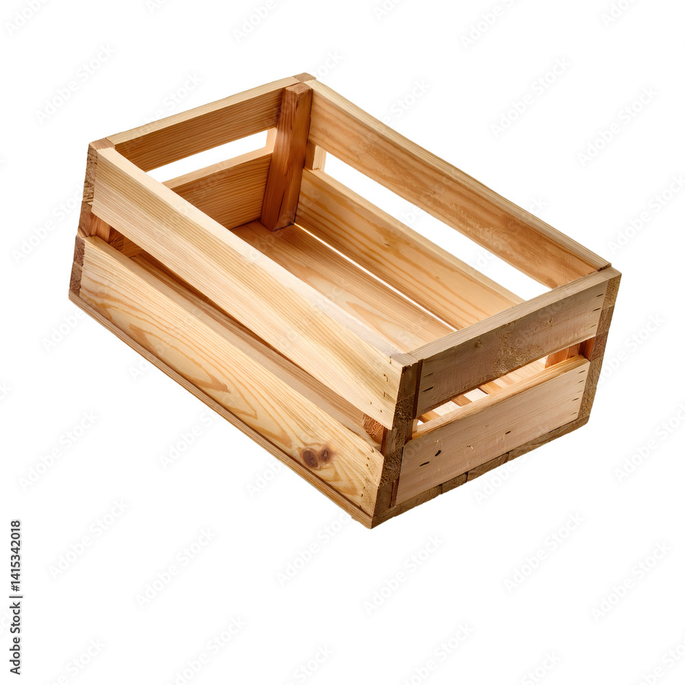 Empty wooden crate with visible grain texture, isolated on transparent background with cut out path Empty wooden crate with visible grain texture, isolated on transparent background with cut out path