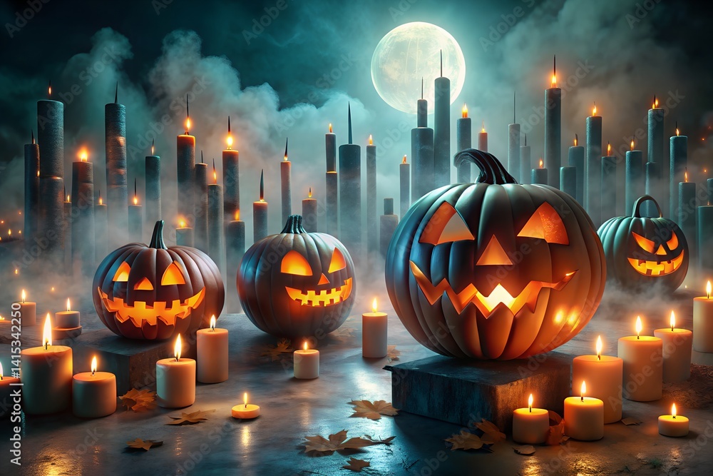 Mystical 3D Fantasy Halloween Stock Market Scene with Glowing Candlesticks and Jack-o'-Lanterns