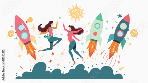 Innovative Businesswomen Flying in Rockets for Startup with Light Bulbs