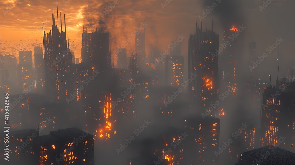 Obraz premium A dystopian future where cities are covered in smog and acid rain