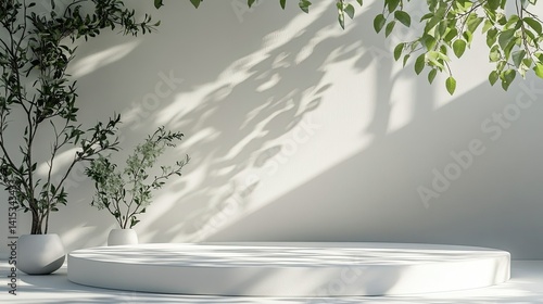 Minimalist White Podium with Leaf Shadows, Creating a Subtle and Refined Artistic Scene -