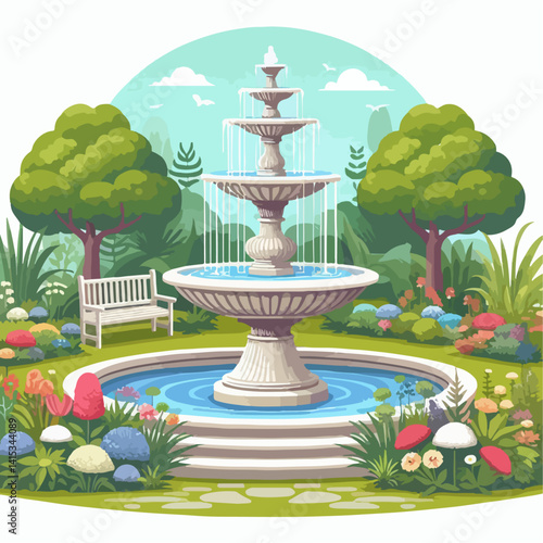 vector illustration of a garden with a faountain 