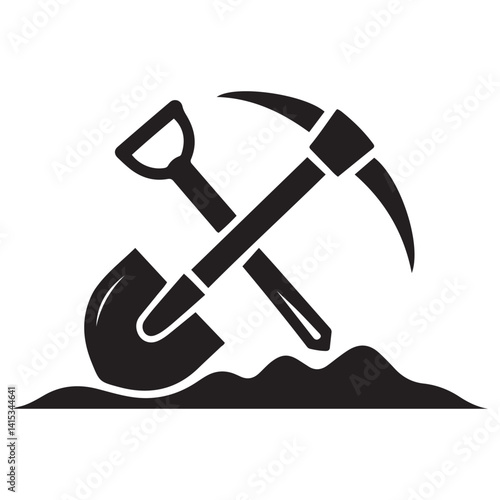 Shovel and pickaxe icon. Vector Black silhouettes icon isolated on white background. Shovel and pick axe. Simple icon. Web site page and mobile app design element.