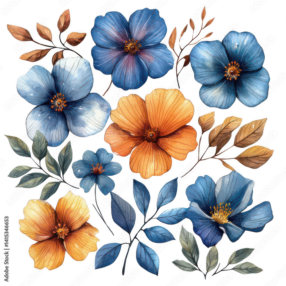 custom made wallpaper toronto digitalWatercolor floral arrangement blue and orange flowers on black background on transparent background
