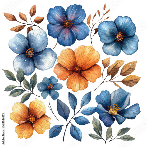 Wallpaper Mural Watercolor floral arrangement blue and orange flowers on black background on transparent background Torontodigital.ca