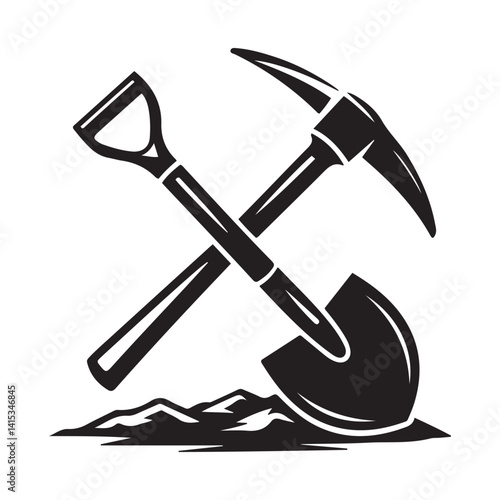Shovel and pickaxe icon. Vector Black silhouettes icon isolated on white background. Shovel and pick axe. Simple icon. Web site page and mobile app design element.