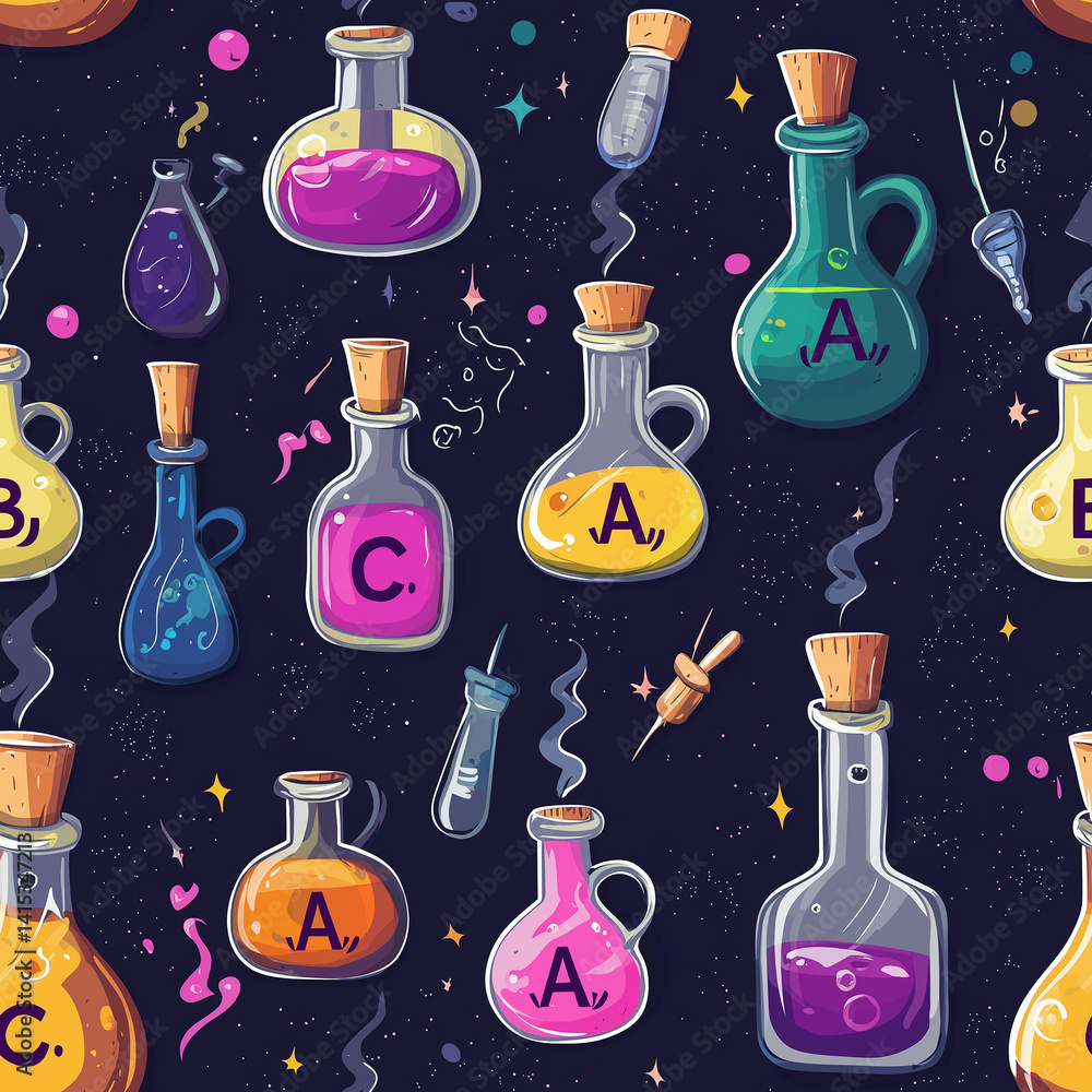 Playful irregular doodles lines seamless pattern wallpaper with colorful potion motifs magical backdrop for creative projects Playful irregular doodles lines seamless pattern wallpaper with colorful potion motifs magical backdrop for creative projects