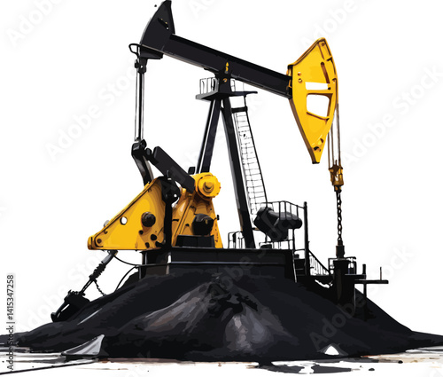 Silhouette of an oil pump jack and drilling rig at a harbor with cranes and machinery against the sky