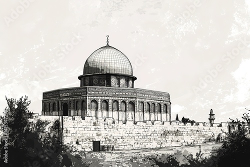 Dome of the Rock, Old City Jerusalem, Sketch Illustration, Religious Site, Architecture