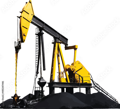 Silhouette of oil pump jack and industrial cranes at port under the sky