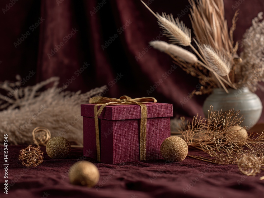 A richly textured burgundy gift box with gold ribbon rests among delicate, dried floral arrangements on a matching fabric backdrop