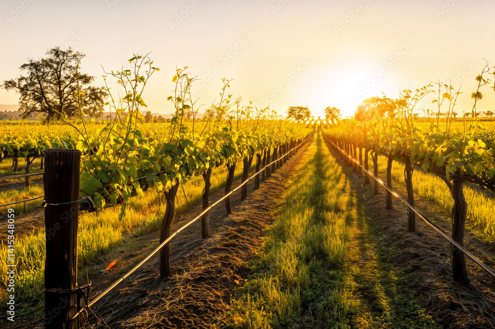 The image depicts a vibrant vineyard during sunset, with rows of grapevines bathed in warm golden light