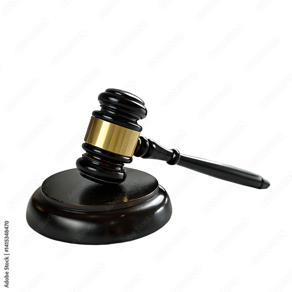 High-angle view of a black gavel with gold trim on a dark stand. PNG and transparent background High-angle view of a black gavel with gold trim on a dark stand. PNG and transparent background