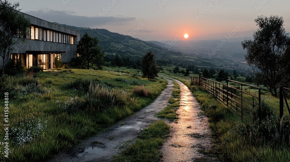 Modern House on Hilltop Surrounded by Lush Green Landscape at Sunset Modern House on Hilltop Surrounded by Lush Green Landscape at Sunset