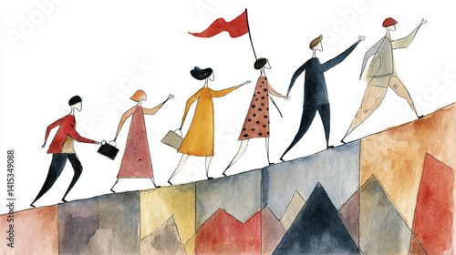A group of stylized figures marches up a colorful hill, some holding flags and tools, symbolizing unity and progress.