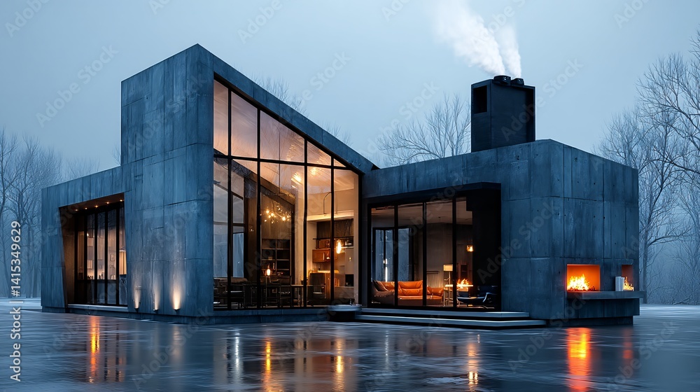 Fototapeta premium Modern Concrete House in Snowy Landscape with Warm Interior Glow