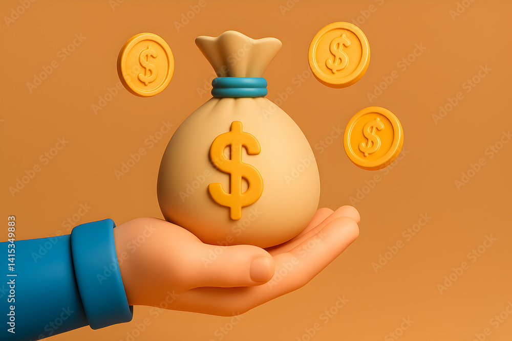 Hand holding money bag with coins, financial success.