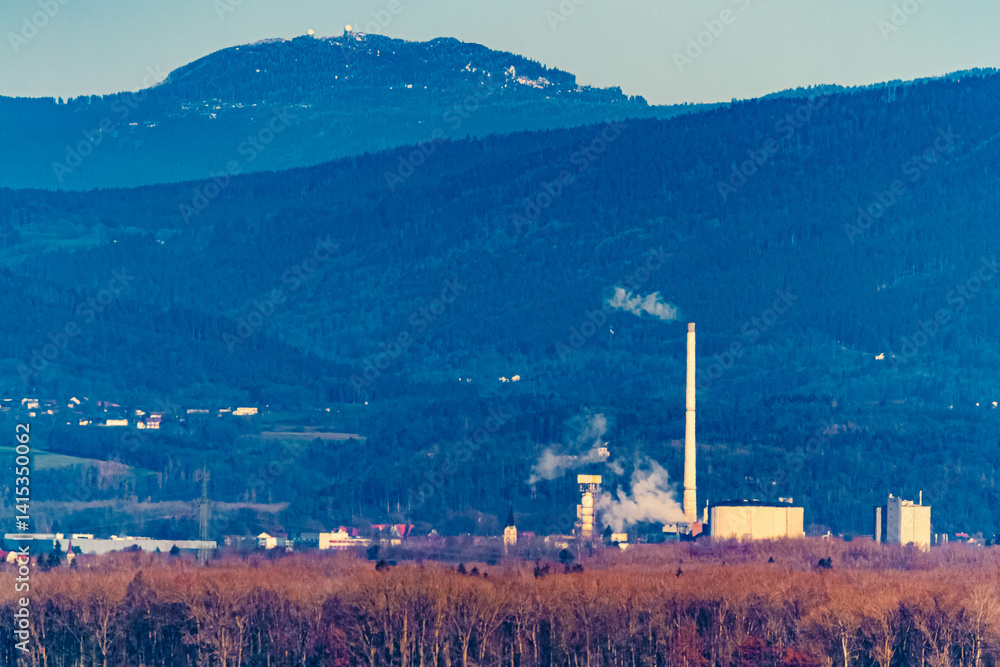Winter far view with the sugar factory Plattling and Mount Arber seen from Ettling, Wallersdorf, Dingolfing-Landau, Bavaria, Germany