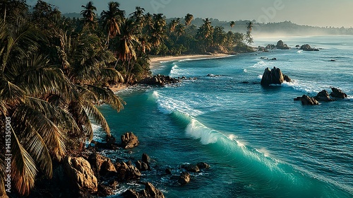Serene Tropical Beach with Palm Trees and Gentle Waves at Sunrise
