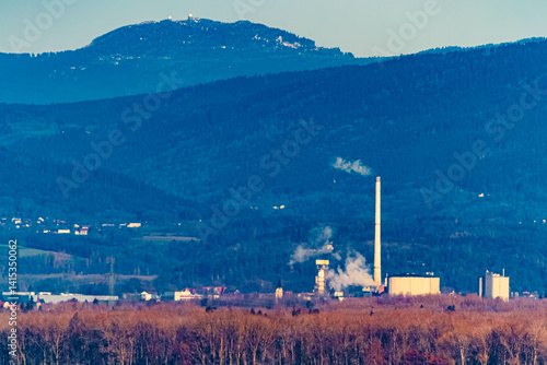 Winter far view with the sugar factory Plattling and Mount Arber seen from Ettling, Wallersdorf, Dingolfing-Landau, Bavaria, Germany