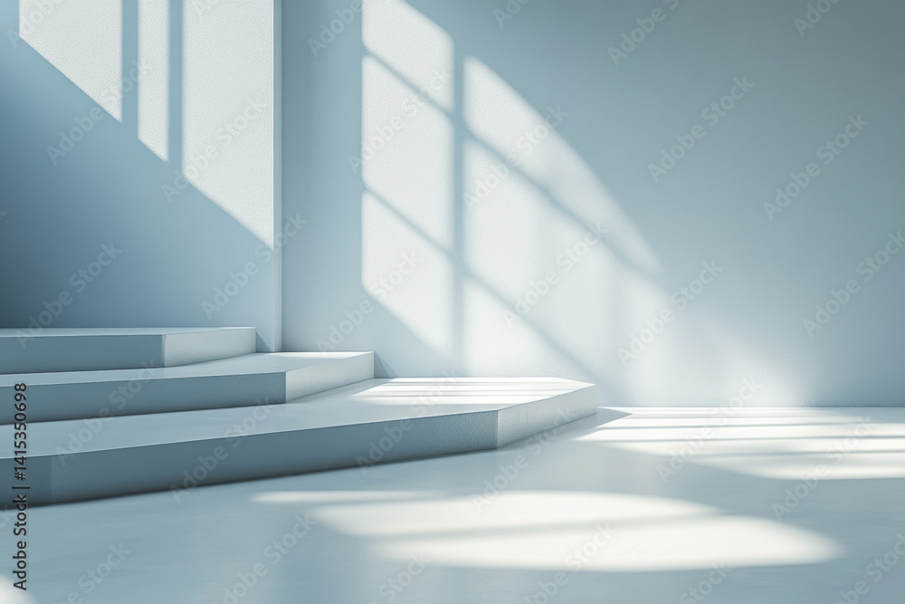 Fototapeta premium White room with staircase, sunlight streaming in through windows.