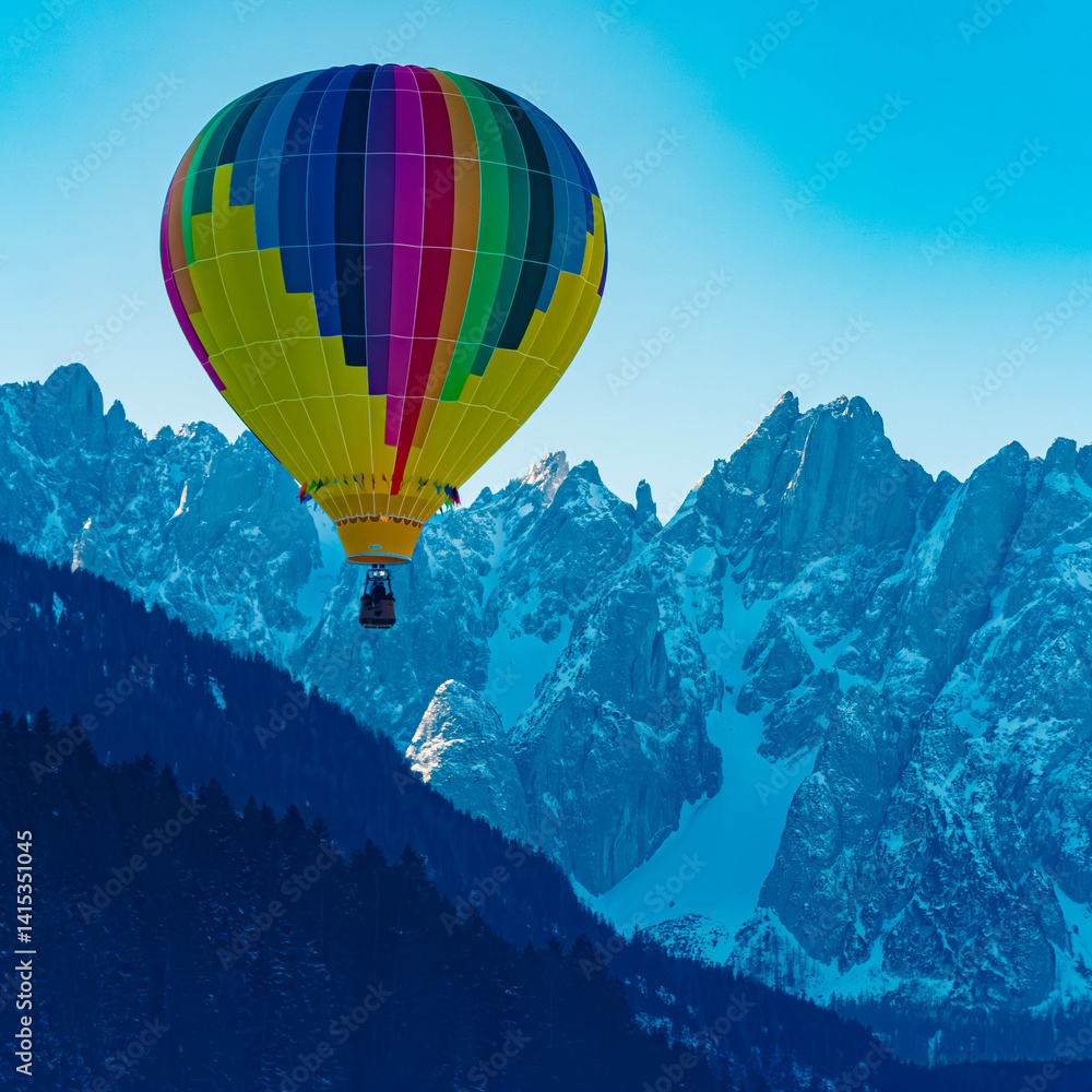 Alpine winter view with hot air balloons at Gosau, Abtenau, Salzkammergut, Salzburg, Austria