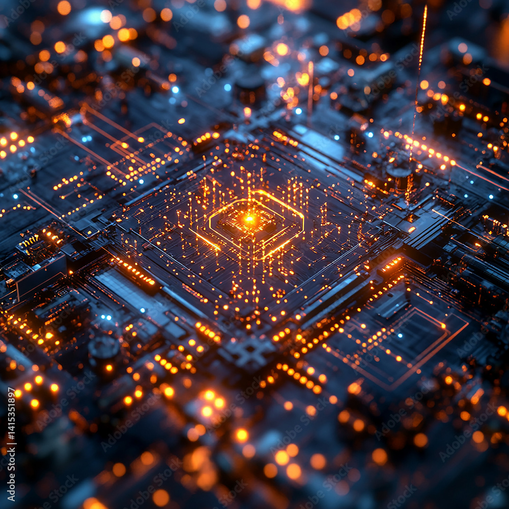 Obraz premium An AI circuit board packed with microchips, neural processors, and glowing pathways that simulate brain-like functions, powering smart systems and futuristic technologies.