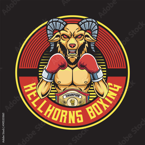 Vector Illustration of Goat Wearing Boxing Gloves and Champion Belt with Detailed Illustration Available for Logo Badge