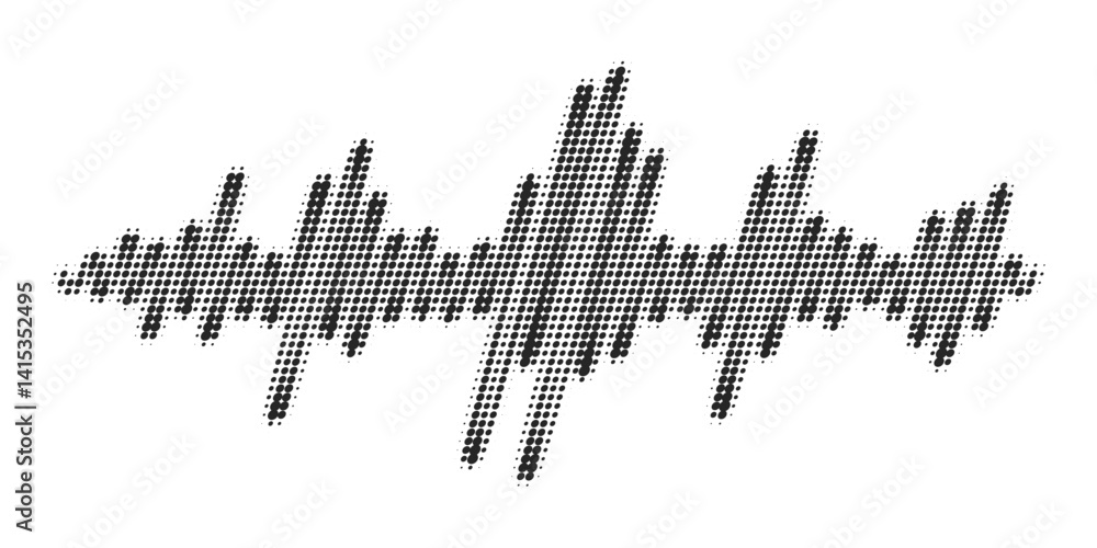 Black halftone vector sound waves flow isolated on a white background. Waveform pattern for music, dictaphone, podcast, voice message, or social media background. Spectral music frequency illustration Black halftone vector sound waves flow isolated on a white background. Waveform pattern for music, dictaphone, podcast, voice message, or social media background. Spectral music frequency illustration