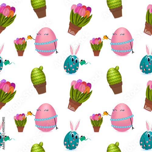 Seamless pattern with 3d anthropomorphic characters featuring happy family eggs watering flowers with a watering can, tulips, potted plants, cactus and festive holiday elements on a white background.