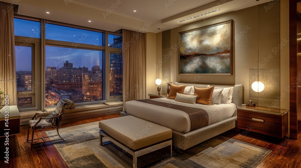 Modern bedroom with city view at twilight, elegant decor Modern bedroom with city view at twilight, elegant decor