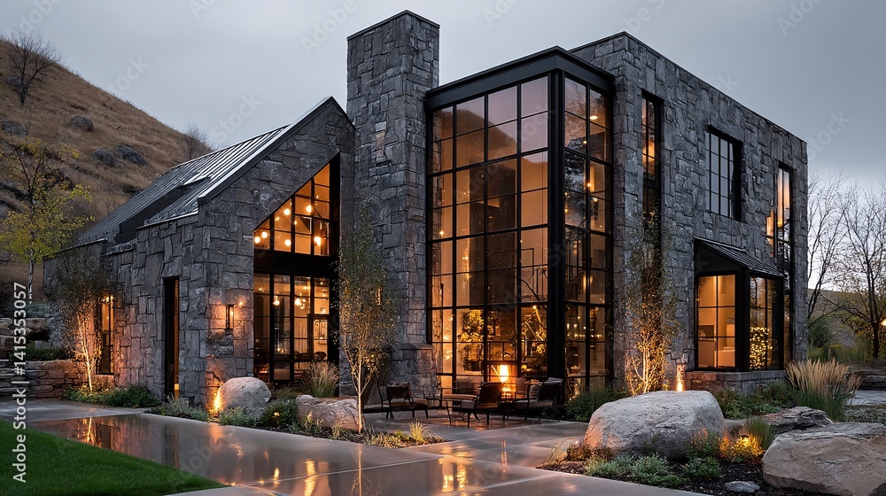 Modern Stone House with Large Glass Windows Surrounded by Nature