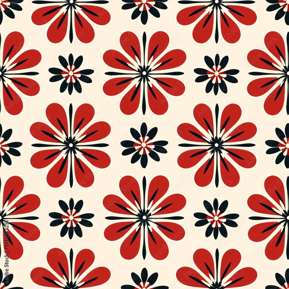 Retro floral pattern with red and black geometric flowers on beige background. Vintage 1960s style seamless design for fabric, wallpaper, and home decor. Mid-century modern art concept. Retro floral pattern with red and black geometric flowers on beige background. Vintage 1960s style seamless design for fabric, wallpaper, and home decor. Mid-century modern art concept.