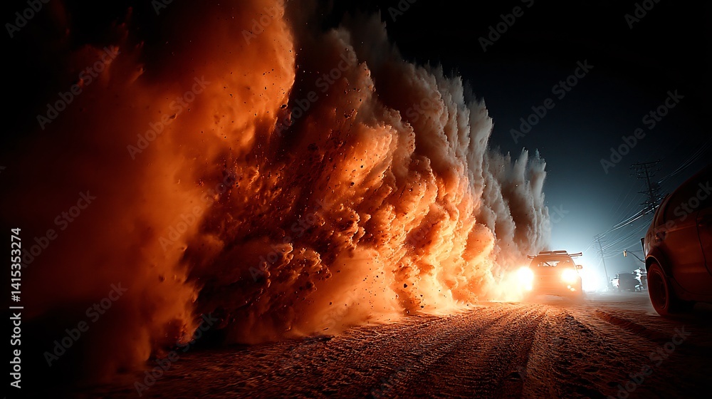 Dramatic Explosion of Dirt and Debris from a Vehicle at Night