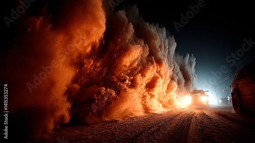 Obraz na płótnie Dramatic Explosion of Dirt and Debris from a Vehicle at Night w salonie