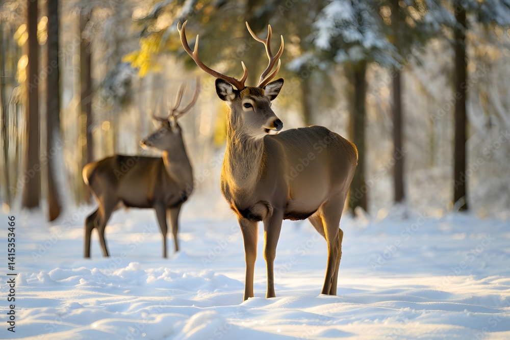 Fototapeta premium Two majestic deer, with impressive antlers, stand gracefully in a snow-covered winter forest, bathed in the soft glow of sunlight, embodying the serene beauty of nature.
