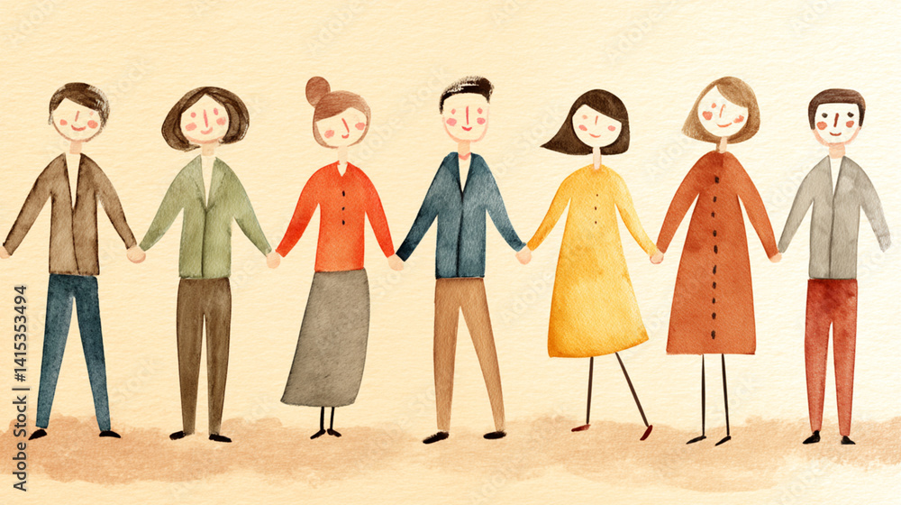 Obraz premium A colorful illustration of diverse individuals standing in a line, holding hands and smiling, representing unity and friendship.