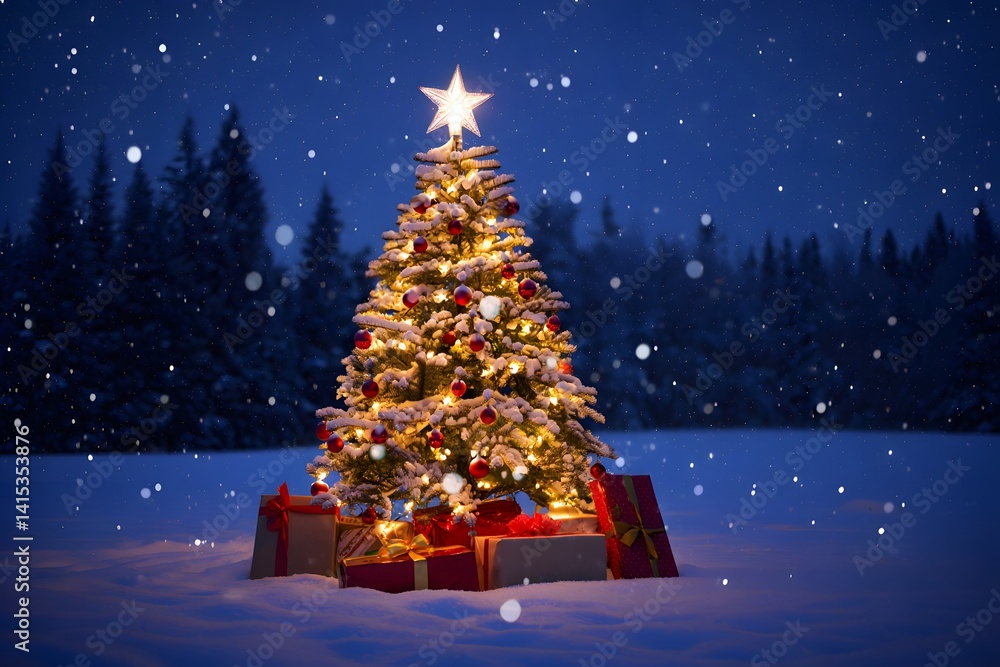Obraz premium A festive Christmas tree glistening with lights stands amidst a snowy landscape under a starlit night sky, creating a scene of holiday joy and winter wonder.