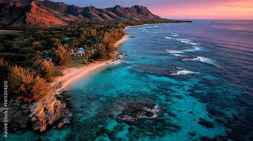 Serene Tropical Beach at Sunset with Clear Waters and Mountains