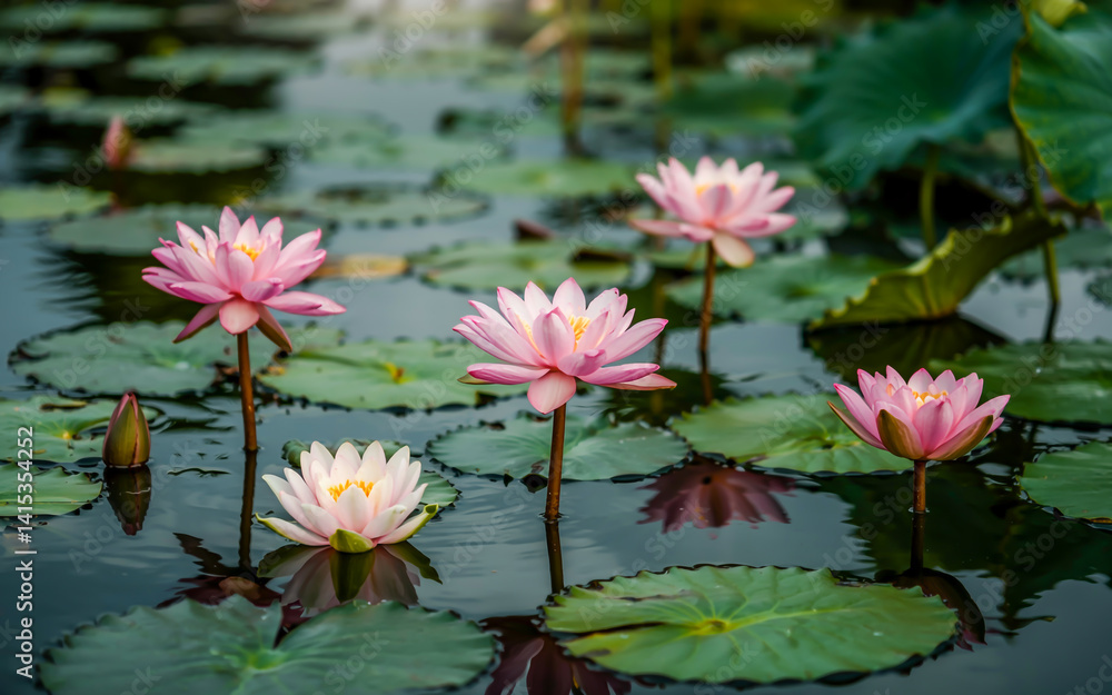 A close-up photograph of pink lotus flowers blooming among large dark green lotus leaves in a pond A close-up photograph of pink lotus flowers blooming among large dark green lotus leaves in a pond