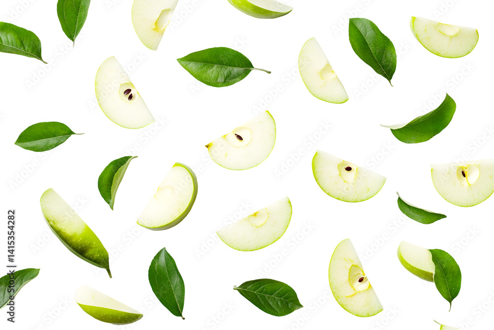 Green apple with green leaf and half slice flying in the air isolated on white background. Green apple with green leaf and half slice flying in the air isolated on white background.