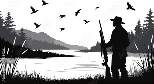 Hunter Silhouette By The Lake Watching Birds Vector Illustration Scene