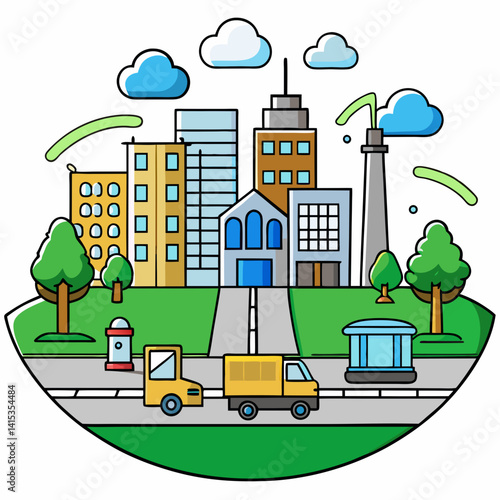 Cartoon Cityscape With Buildings Trees Vehicles And Clouds In A Vector Style