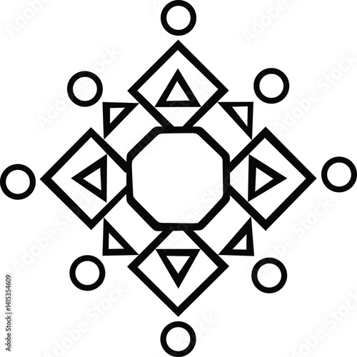 This vector features a symmetrical geometric design consisting of basic shapes such as circles, triangles, and rhombuses.