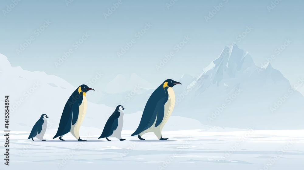 Fototapeta premium Emperor penguins in a family procession across icy terrain.