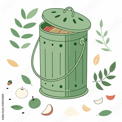 Composting Bin With Organic Waste And Leaves For Sustainable Living Practices