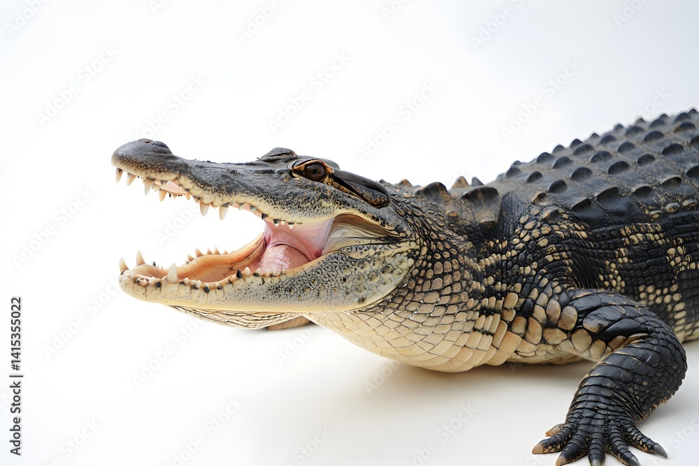 Fototapeta premium An imposing close-up of an alligator, its jaws agape, revealing a glimpse of its formidable teeth and powerful physique, offering a sense of untamed wildlife.