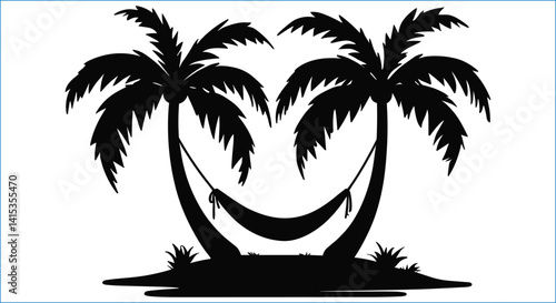 Two Palm Trees With Hammock Silhouette Peaceful Tropical Island Getaway