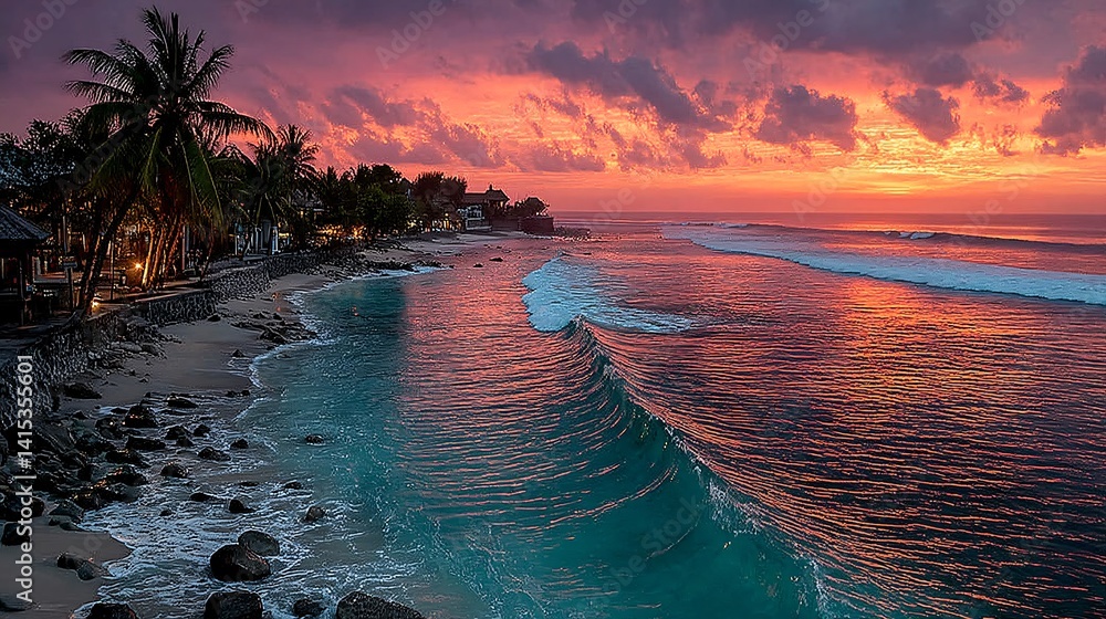 Vibrant Sunset Over Tropical Beach with Palm Trees and Waves